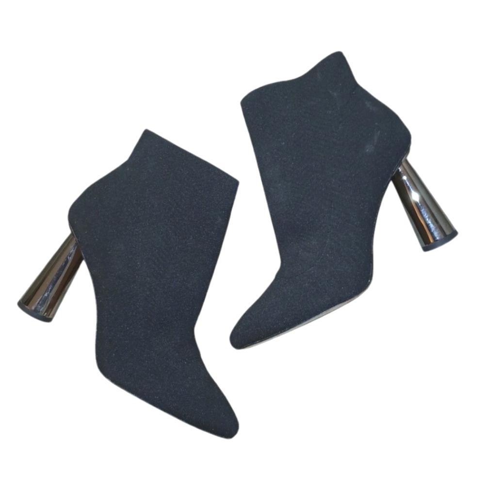 BCBG Black Sock Boot Silver Flared Heels size 9.5
